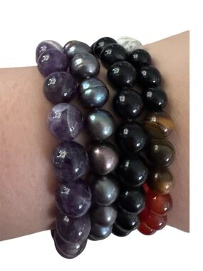 Set of 4 Natural Stone Beaded Bracelets Amethyst, Black, Gray & Red Gemstone